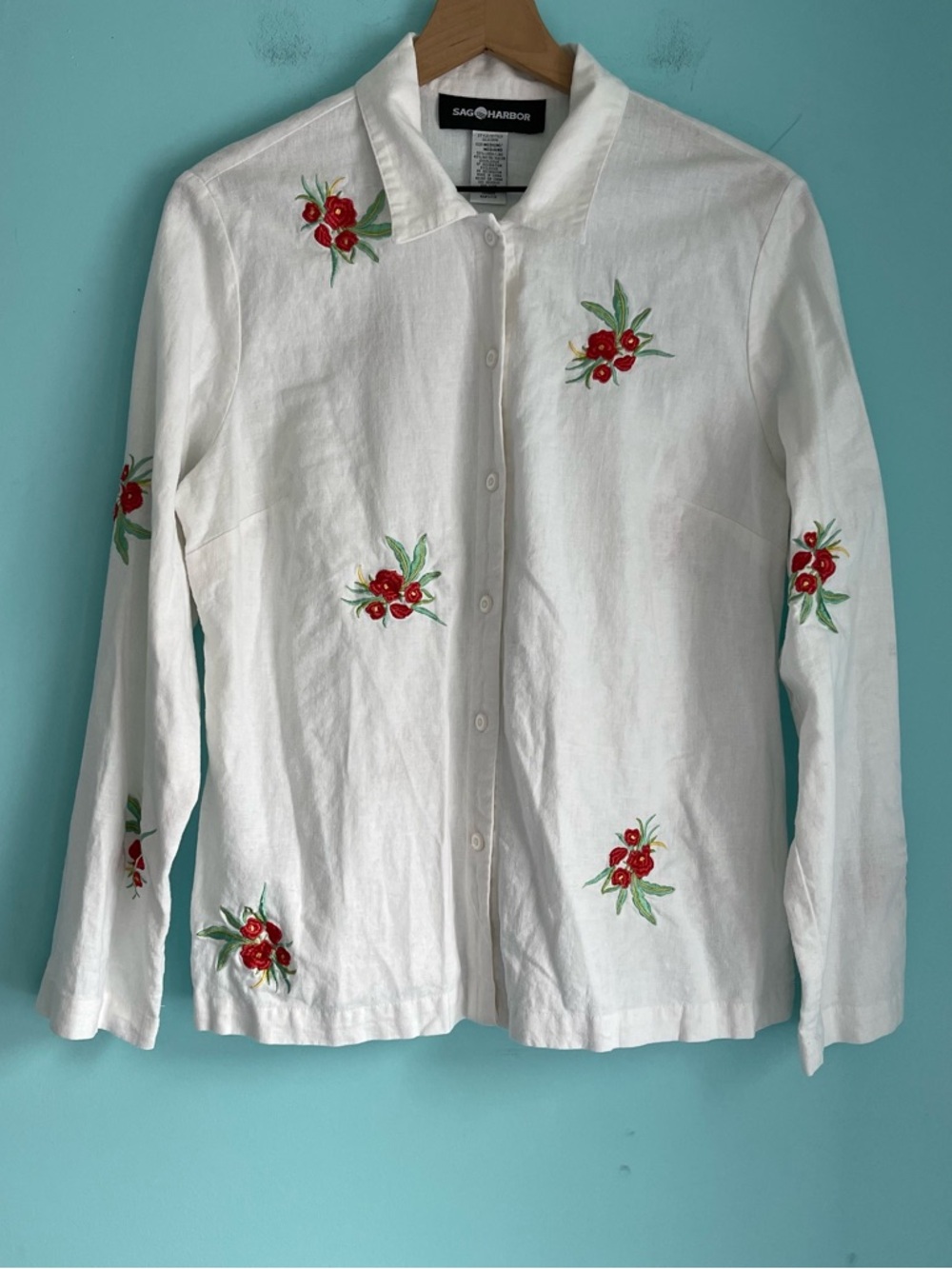 Sag Harbor Linen Embroidered Flowers Spring Long Sleeve Shirt White M Vintage